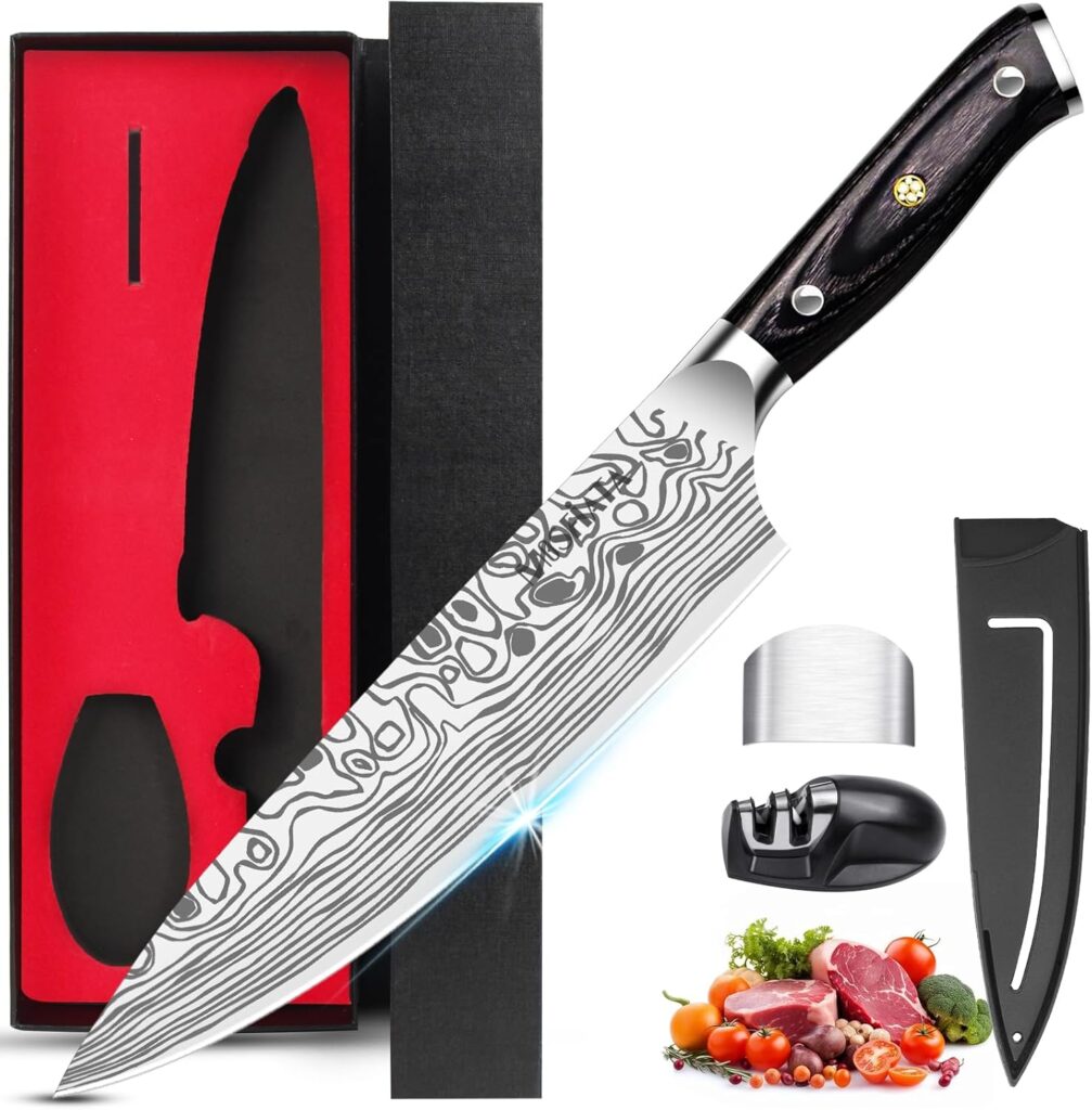 MOSFiATA couteau de chef 20,3 cm avec protège-doigts et aiguiseur